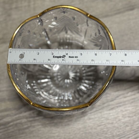 Vintage Crystal Glass Bowl with Gold Rim, Cut Pine Tree & Star Pattern - Picture 4 of 5